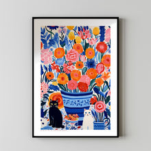 Cat In Flowers, Flowers and Cats, Red Blue Art, Flower Art Print, Cat Art Print, Cat Illustration, Floral Wall Decor, Gifts for Cat Lovers
