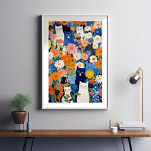 Cat in Garden, Flowers and Cats, Blue Wall Art, Flower Art Print, Cat Art Print, Cat Illustration, Floral Wall Decor, Gifts for Cat Lovers