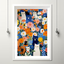 Cat in Garden, Flowers and Cats, Blue Wall Art, Flower Art Print, Cat Art Print, Cat Illustration, Floral Wall Decor, Gifts for Cat Lovers
