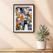 Cat in Garden, Flowers and Cats, Blue Wall Art, Flower Art Print, Cat Art Print, Cat Illustration, Floral Wall Decor, Gifts for Cat Lovers