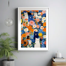 Cat in Garden, Flowers and Cats, Blue Wall Art, Flower Art Print, Cat Art Print, Cat Illustration, Floral Wall Decor, Gifts for Cat Lovers