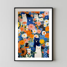 Cat in Garden, Flowers and Cats, Blue Wall Art, Flower Art Print, Cat Art Print, Cat Illustration, Floral Wall Decor, Gifts for Cat Lovers