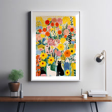Cat in Garden, Flowers and Cats, Yellow Wall Art, Flower Art Print, Cat Art Print, Cat Illustration, Floral Wall Decor, Gifts for Cat Lovers