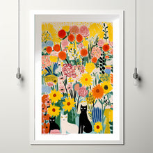 Cat in Garden, Flowers and Cats, Yellow Wall Art, Flower Art Print, Cat Art Print, Cat Illustration, Floral Wall Decor, Gifts for Cat Lovers
