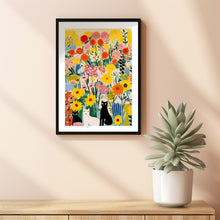 Cat in Garden, Flowers and Cats, Yellow Wall Art, Flower Art Print, Cat Art Print, Cat Illustration, Floral Wall Decor, Gifts for Cat Lovers