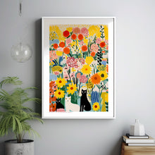 Cat in Garden, Flowers and Cats, Yellow Wall Art, Flower Art Print, Cat Art Print, Cat Illustration, Floral Wall Decor, Gifts for Cat Lovers