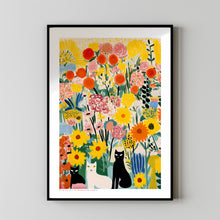 Cat in Garden, Flowers and Cats, Yellow Wall Art, Flower Art Print, Cat Art Print, Cat Illustration, Floral Wall Decor, Gifts for Cat Lovers