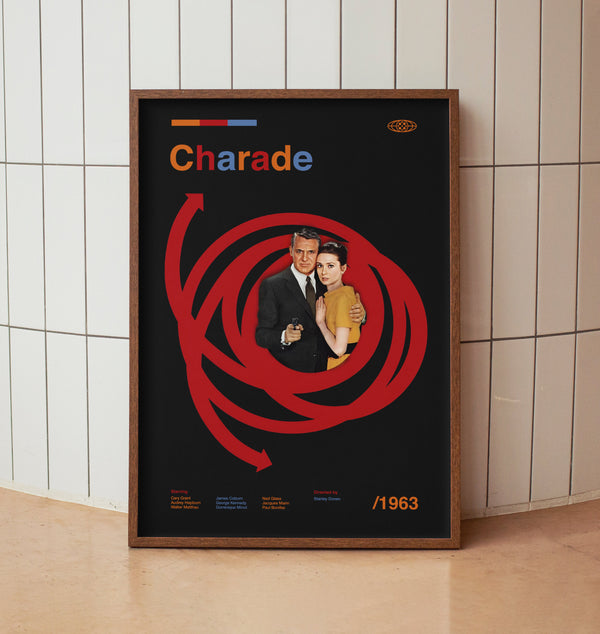 Charade Midcentury Modern Print - Cary Grant Audrey Hepburn Wall Art Print - Retro Movie Poster