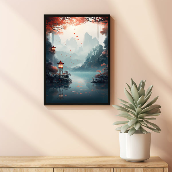 Chinese Poetry Long River Poster - Elegant Asian-Inspired Art, Tranquil River Scene with Calligraphy, Cultural Wall Decor