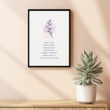 Christian Poster Affirmations Wall Art, I am a Child of God Floral Scripture Poster, Pink and Purple Aesthetic Girl Nursery Decor