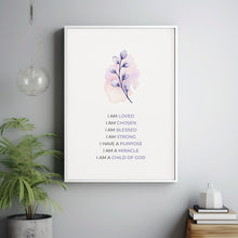 Christian Poster Affirmations Wall Art, I am a Child of God Floral Scripture Poster, Pink and Purple Aesthetic Girl Nursery Decor