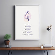 Christian Poster Affirmations Wall Art, I am a Child of God Floral Scripture Poster, Pink and Purple Aesthetic Girl Nursery Decor