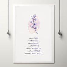 Christian Poster Affirmations Wall Art, I am a Child of God Floral Scripture Poster, Pink and Purple Aesthetic Girl Nursery Decor