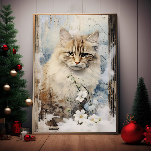 Vintage Cat Art Poster - 'Cat in Winter with Flowers' Wall Art | Timeless Feline Elegance for Home Decor