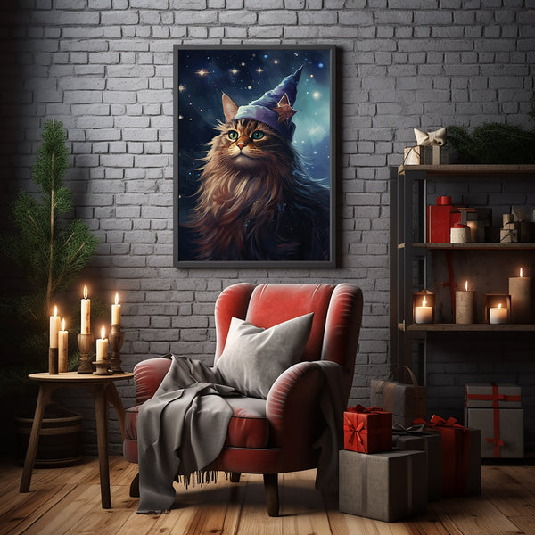 Christmas Cat in Santa Hat Under Starry Sky - Aesthetic Poster | Vintage Xmas Decor Art Print for Festive Ambiance