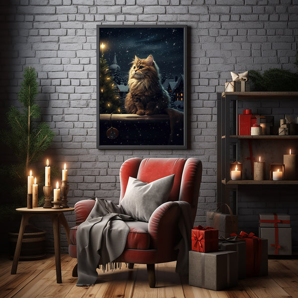 Christmas Cat by the Tree Under Starry Sky - Aesthetic Poster | Vintage Xmas Decor Art Print for Holiday Charm