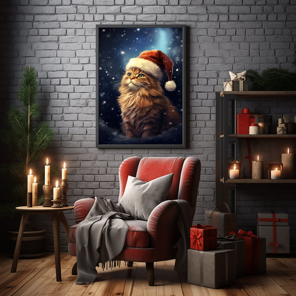 Christmas Cat in Santa Hat Under Starry Sky - Aesthetic Poster | Vintage Xmas Decor Art Print for Festive Ambiance