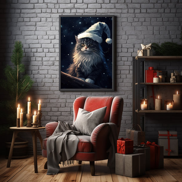 Christmas Cat in Santa Hat Under Starry Sky - Aesthetic Poster | Vintage Xmas Decor Art Print for Festive Ambiance