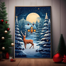 Christmas Background with Trees, Deer, and House Poster - Ideal Gift for the Holiday Season