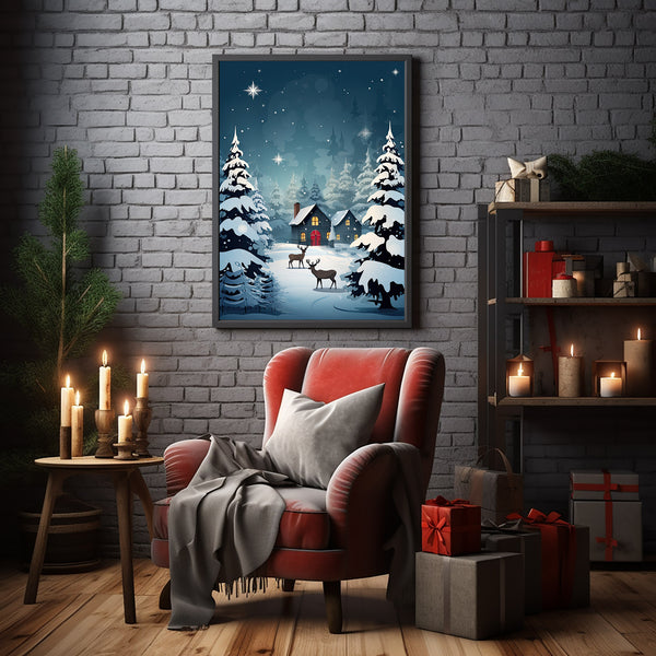 Christmas Background with Trees, Deer, and House Poster - Ideal Gift for the Holiday Season