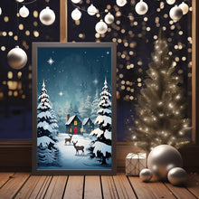 Christmas Background with Trees, Deer, and House Poster - Ideal Gift for the Holiday Season