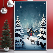 Christmas Background with Trees, Deer, and House Poster - Ideal Gift for the Holiday Season