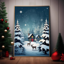 Christmas Background with Trees, Deer, and House Poster - Ideal Gift for the Holiday Season