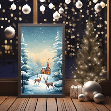 Christmas Background with Trees, Deer, and House Poster - Ideal Gift for the Holiday Season