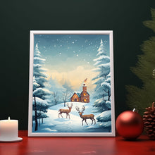 Christmas Background with Trees, Deer, and House Poster - Ideal Gift for the Holiday Season