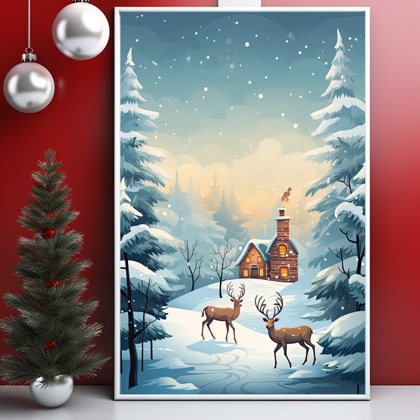 Christmas Background with Trees, Deer, and House Poster - Ideal Gift for the Holiday Season