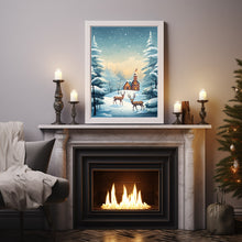 Christmas Background with Trees, Deer, and House Poster - Ideal Gift for the Holiday Season