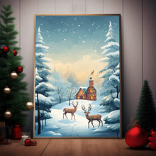 Christmas Background with Trees, Deer, and House Poster - Ideal Gift for the Holiday Season