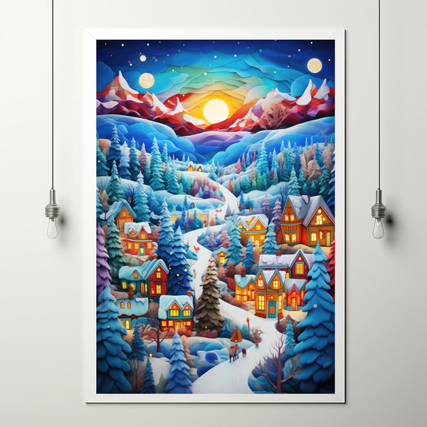 Snow-Covered Village Poster | Heartwarming Christmas Town Scene | Cozy Winter Folk Art Landscape | Ideal Holiday Decor Gif