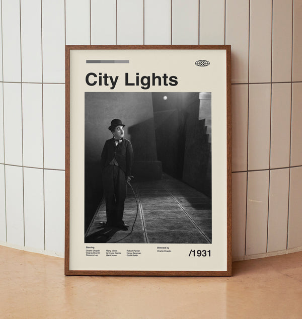 City Lights 1931 Wall Art Print - Charlie Chaplin - Midcentury Vintage Minimalist  Movie Poster