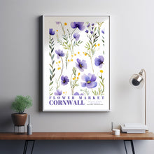 Cornwall Flower Market Print, England Travel Art, Watercolor Framed Wall Art, Blue and Purple, Botanical Wall Art, Retro Floral Illustration