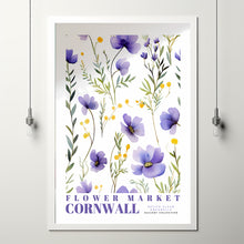Cornwall Flower Market Print, England Travel Art, Watercolor Framed Wall Art, Blue and Purple, Botanical Wall Art, Retro Floral Illustration