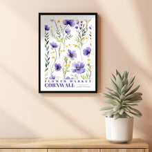 Cornwall Flower Market Print, England Travel Art, Watercolor Framed Wall Art, Blue and Purple, Botanical Wall Art, Retro Floral Illustration