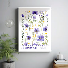 Cornwall Flower Market Print, England Travel Art, Watercolor Framed Wall Art, Blue and Purple, Botanical Wall Art, Retro Floral Illustration