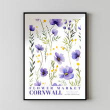 Cornwall Flower Market Print, England Travel Art, Watercolor Framed Wall Art, Blue and Purple, Botanical Wall Art, Retro Floral Illustration