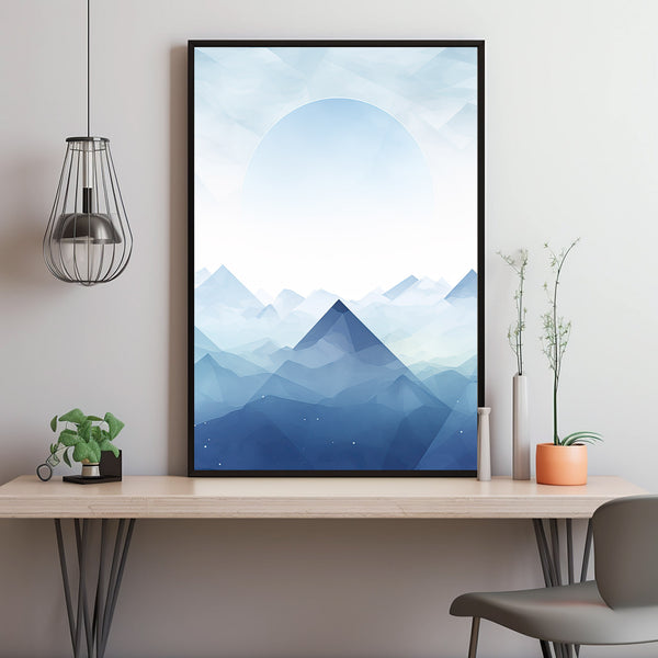 Abstract Mountain Art Poster - Geometric and Fluid Forms | Blues and Snow Peaks Wall Art