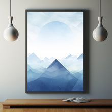 Abstract Mountain Art Poster - Geometric and Fluid Forms | Blues and Snow Peaks Wall Art
