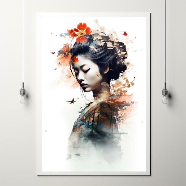 Abstract Double Exposure Poster - Asian Woman with Nature Overlay - Artistic Photography Print for Modern Wall Decor