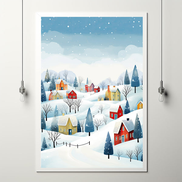 Winter Village Poster | Cozy Snow-Covered Hamlet Print | Whimsical Winter Wonderland Art | Heartwarming Holiday Deco