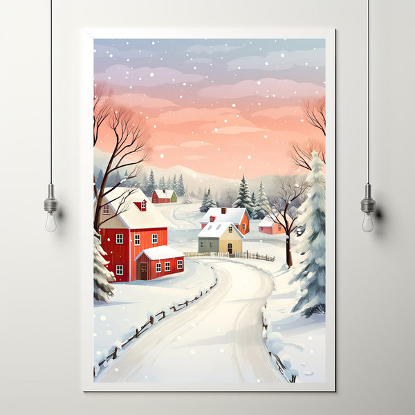 Vintage Winter Village Painting | Quaint Winter Scenes Poster | Nostalgic Winter Landscape Wall Art Print | Country Cute Winter Decor