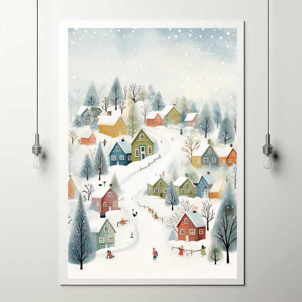 Vintage Winter Village Painting | Quaint Winter Scenes Poster | Nostalgic Winter Landscape Wall Art Print | Country Cute Winter Decor