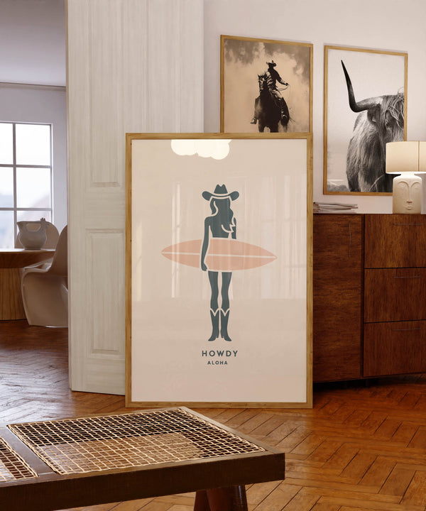 Desert Surf Cowgirl Print Howdy Aloha Poster Coastal Wall Decor PRINTED & FRAMED