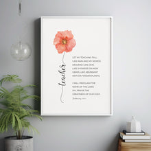 Deuteronomy 3223 Sunday School Teacher Appreciation Gift Poster Watercolor Flower Bible Verse Wall Art, Let My Teaching Fall Like Rain