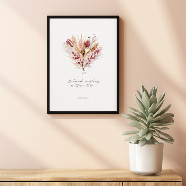 Ecclesiastes 311 He Has Made Everything Beautiful in its Time Pink Boho Floral Nursery Bible Verse Poster Wall Art for Girl's Room Decor