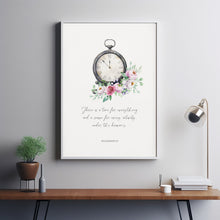 Ecclesiastes 31 Floral Christian Scripture Poster Wall Art, There is a time for everything Watercolor Clock and Spring Wildflowers Art