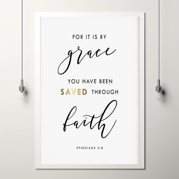 Ephesians 2:8 'By Grace Through Faith' Bible Verse Wall Art - Inspirational Christian Poster for Spiritual Reflection